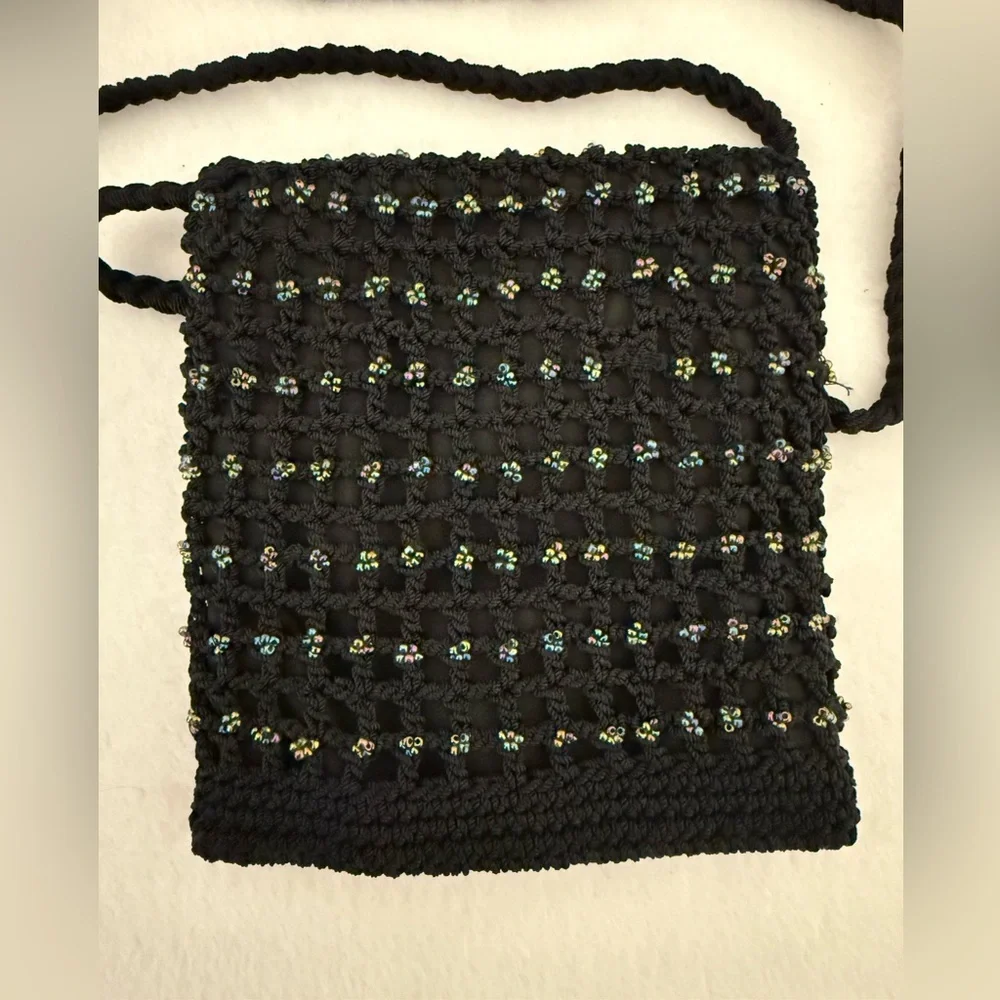 Crochet Iridescent Beaded Boho Mini Crossbody‎ Purse Braided Strap Navy Blue - Picture 2 of 5